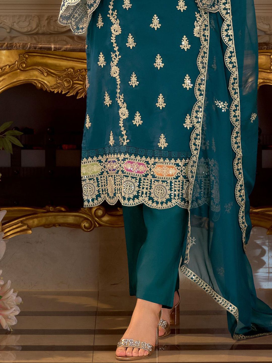 Adults-Women Woven Design Embroidered Kurta with Trousers & Dupatta