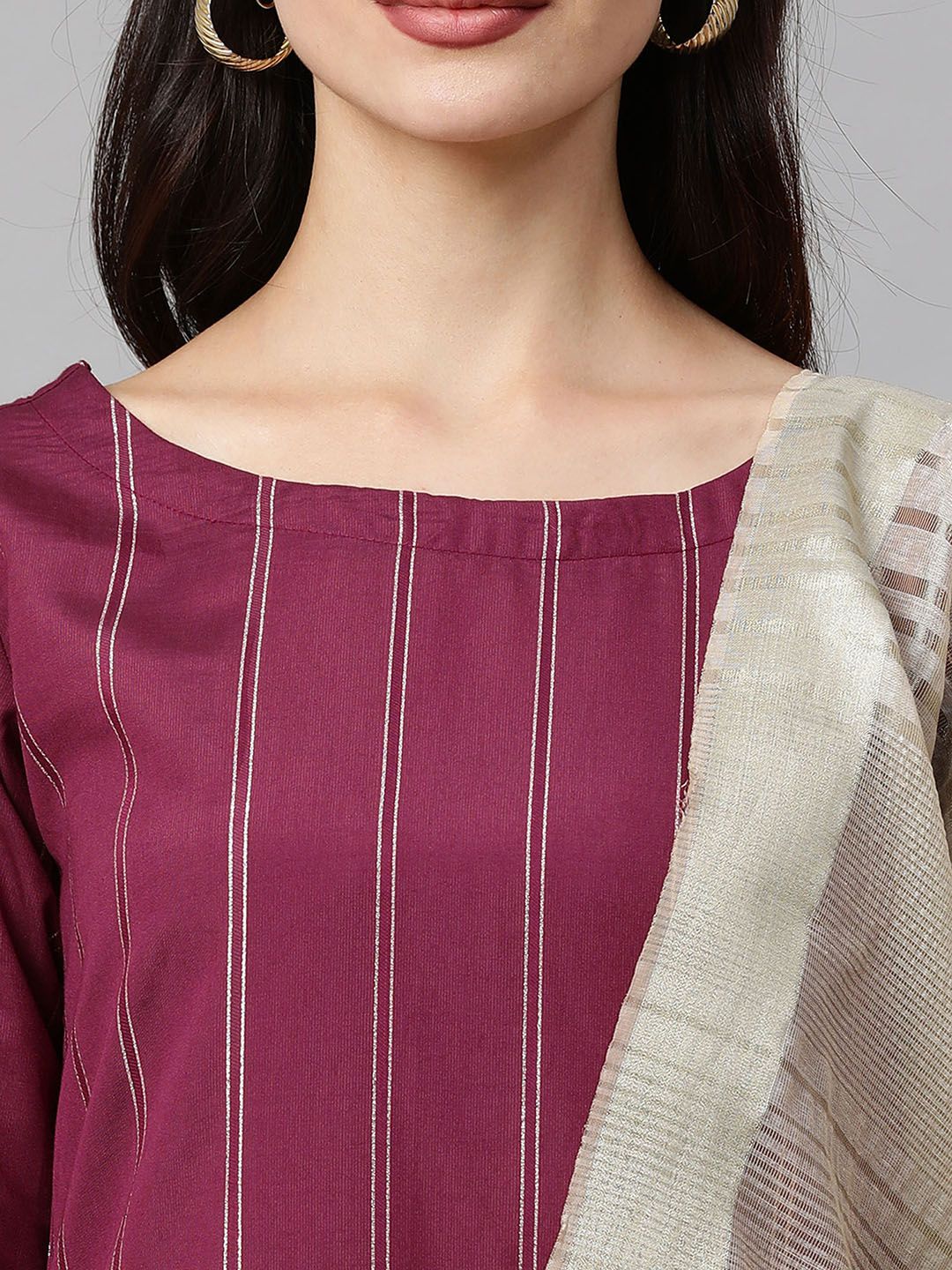 Dhiyona IE Women Magenta & Beige Striped Kurta with Palazzos & Dupatta