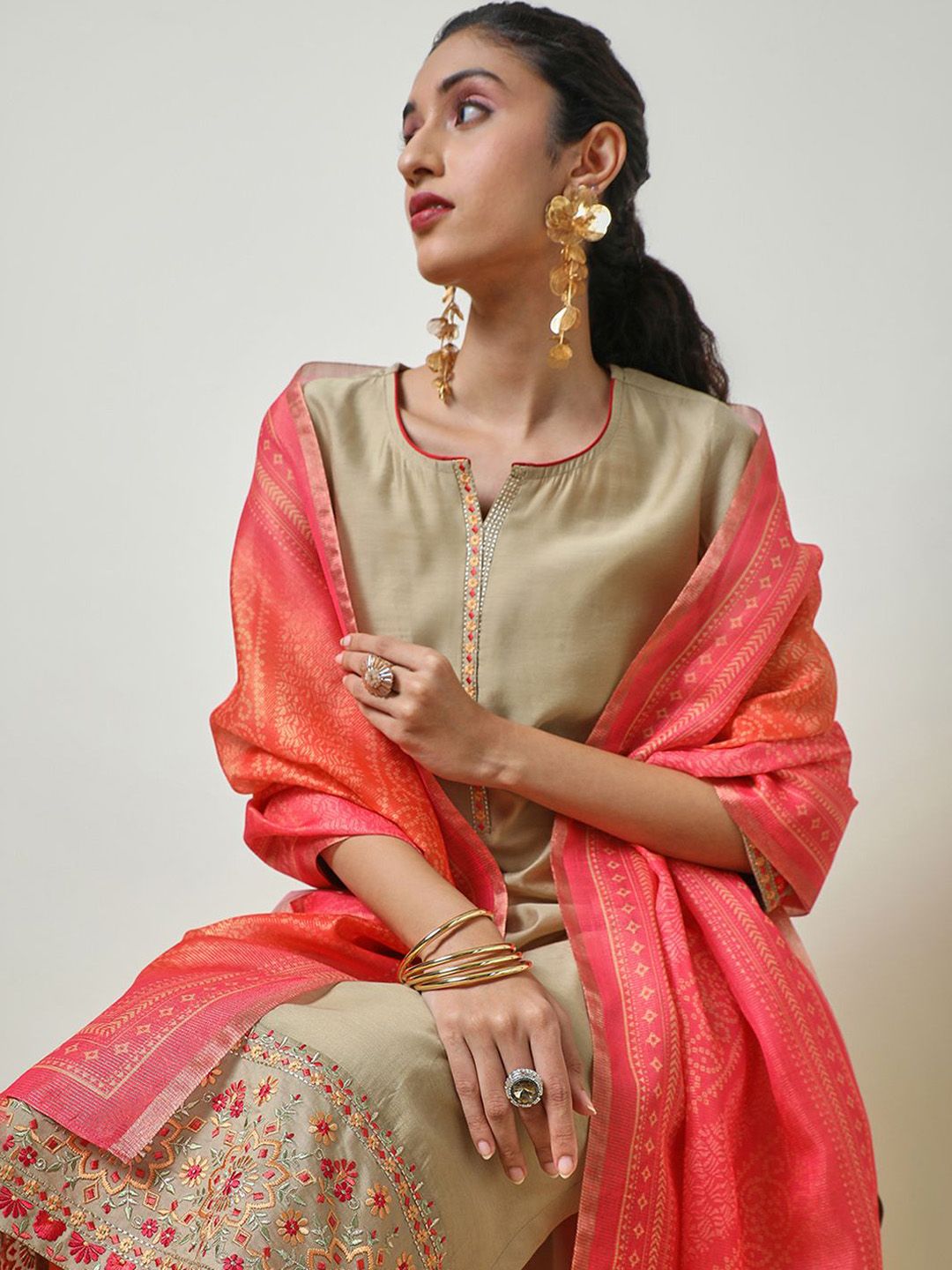 Dhiyona SO Women's Beige Floral Embroidered Thread Work Chanderi Silk Kurta With Trousers & Dupatta
