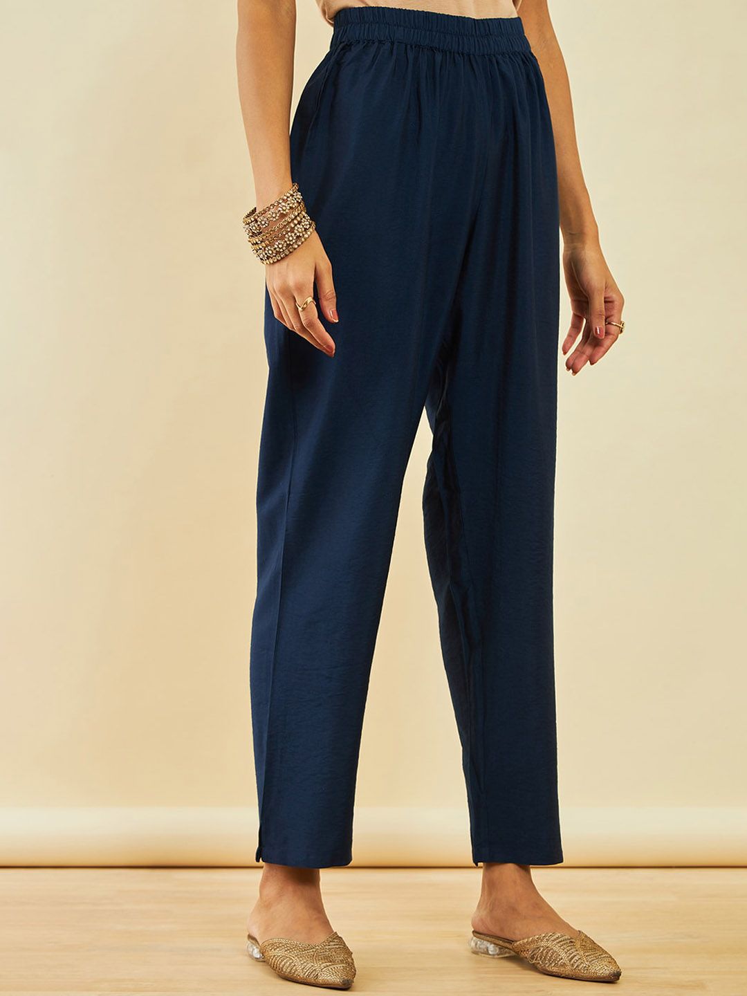 Dhiyona SO Women's Navy Blue Floral Printed Regular Beads and Stones Kurta with Trousers & Dupatta