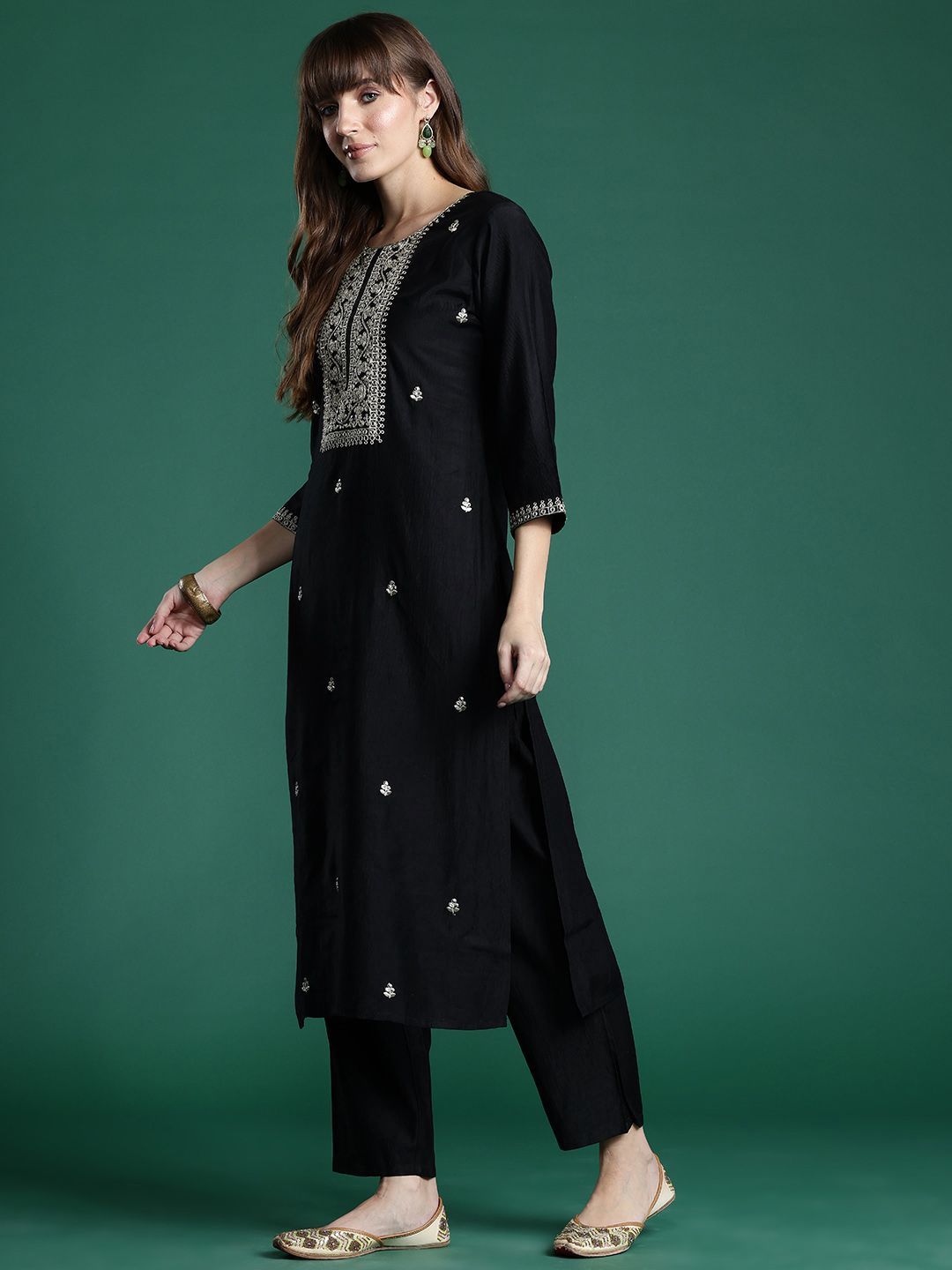 Dhiyona IE Ethnic Motifs Zari Embroidered Liva Kurta With Trousers & Dupatta