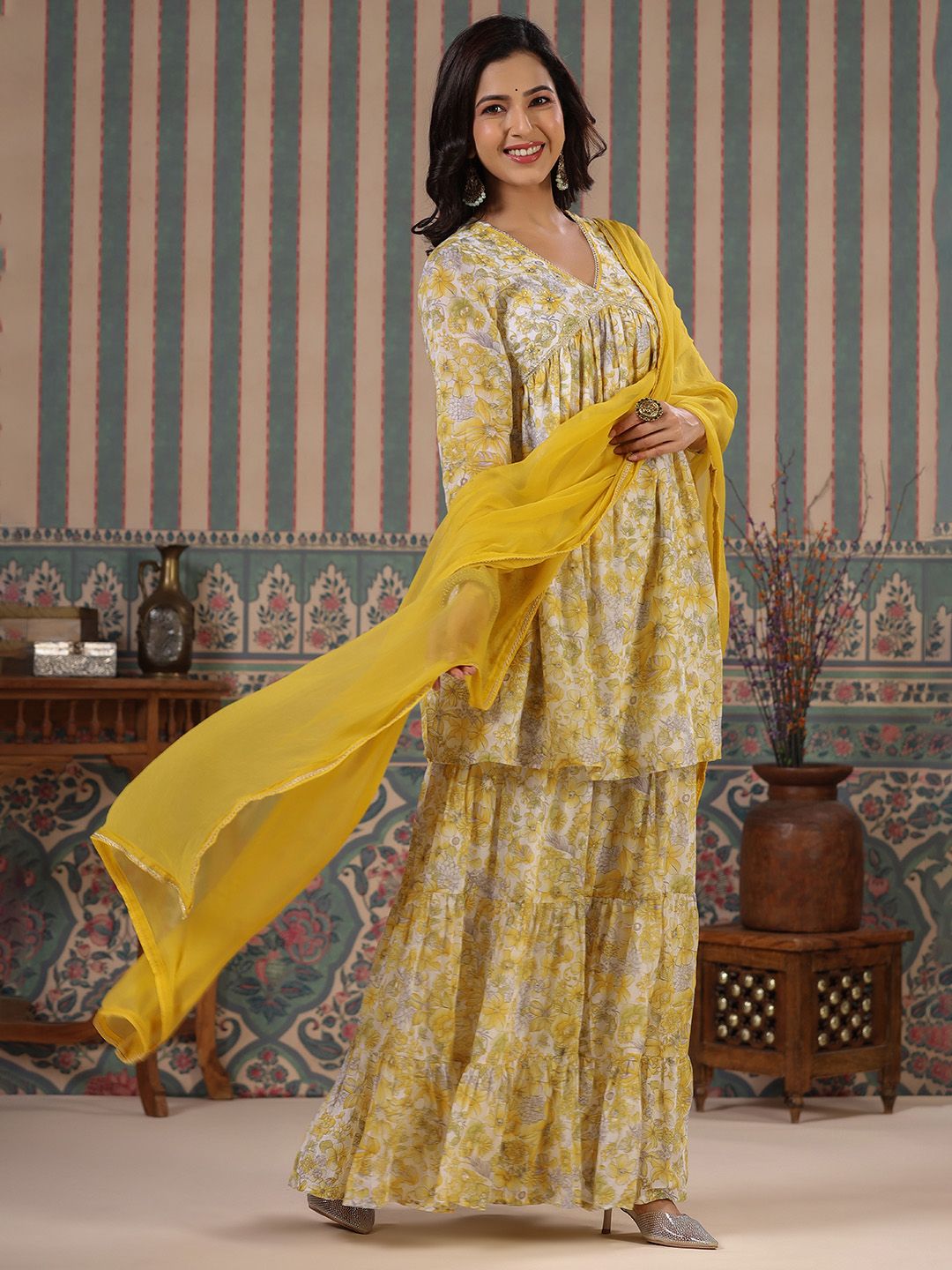 Dhiyona IS Women's Floral Printed V-Neck Empire Pure Cotton A-Line Kurti With Sharara & Dupatta