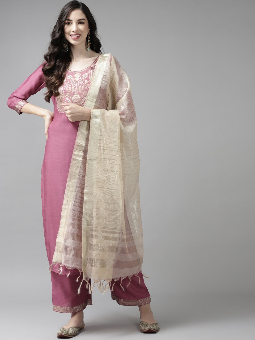 Dhiyona IE Women Pink Yoke Design Regular Kurta with Palazzos & Dupatta