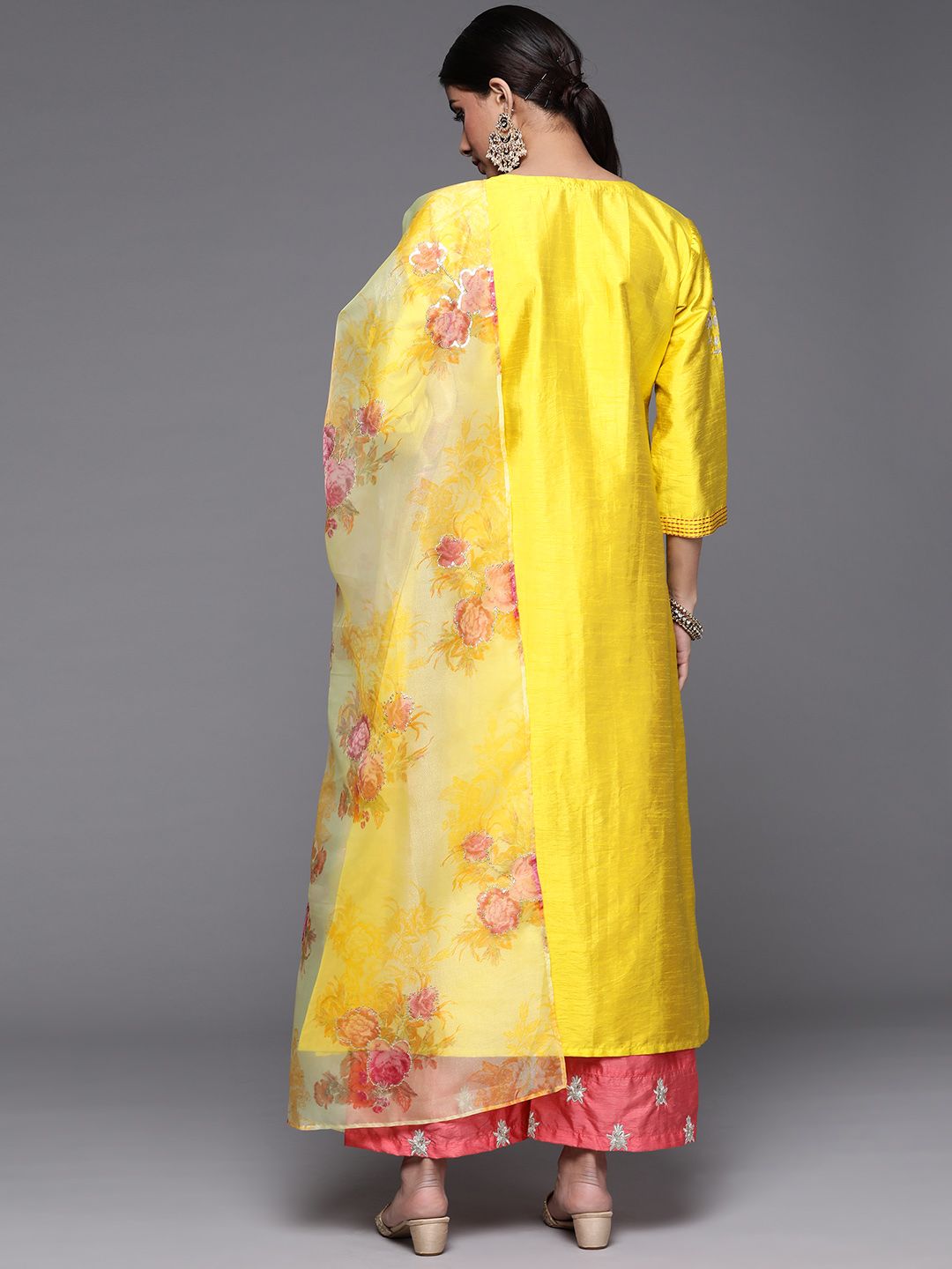 Dhiyona VA Women's Mustard Yellow Floral Embroidered Kurta with Trousers & Dupatta