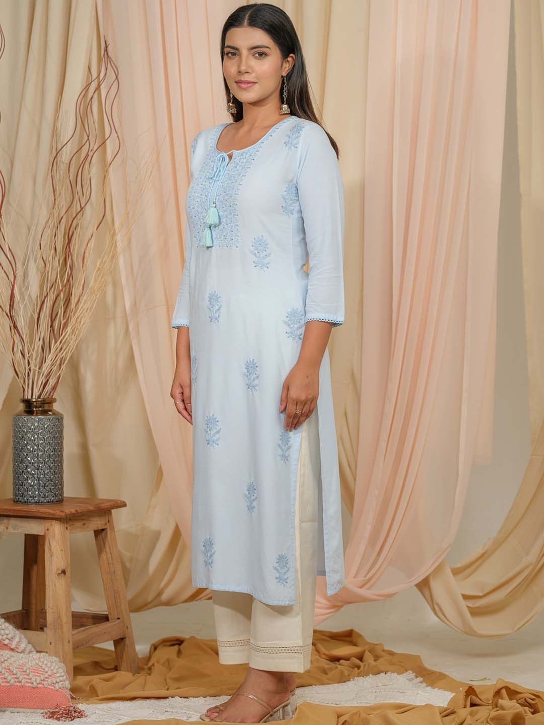 Dhiyona OD Floral Embroidered Tie-Up Neck Straight Kurta