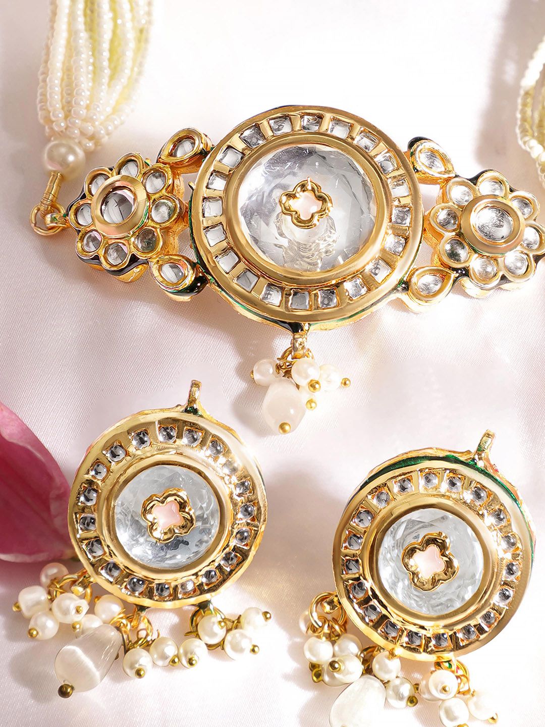 Dhiyona RJ Women's 22K Gold Plated Handcrafted Kundan & Pearl Choker NecklaceSet with Thread Detailing