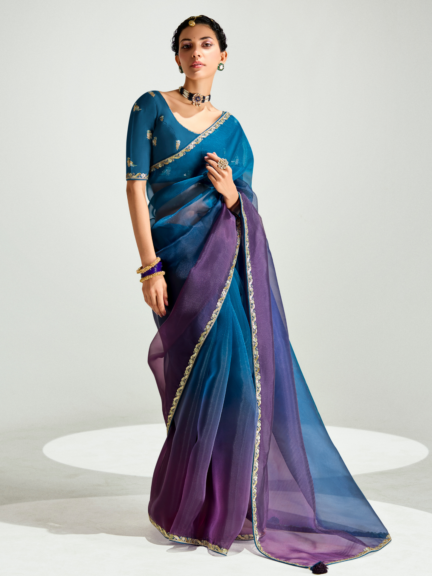 Dhiyona KM Women Navy Blue Shade Organza Saree