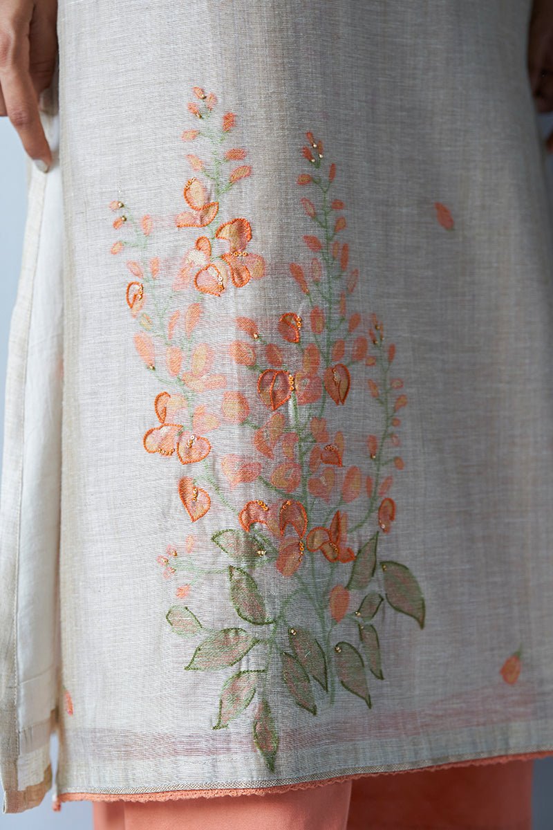 Women's Beige Woven Viscose Chanderi Kurta Suit Set With Delicate Hand Work Detailing and Embroidery Placket