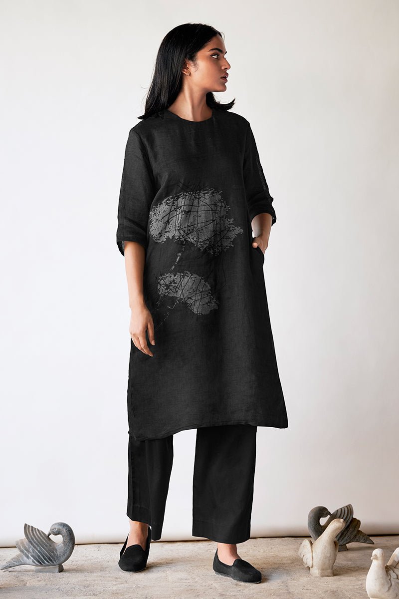 Women's Black Hand Printed Linen Co-ord Set