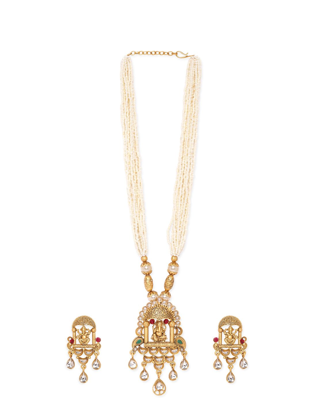 Dhiyona RJ Women's 22K Gold-Plated Ganesh Motif Temple Necklace Set with White Pearls & Kundan Drops