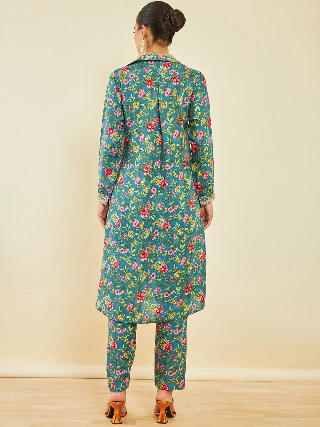 Dhiyona SO Women's Floral Kalamkari Printed Shirt Collar Kurta with Trousers