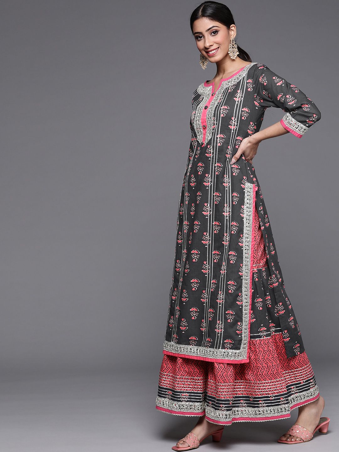 Dhiyona VA Women's Grey Ethnic Motifs Printed Kurta with Sharara