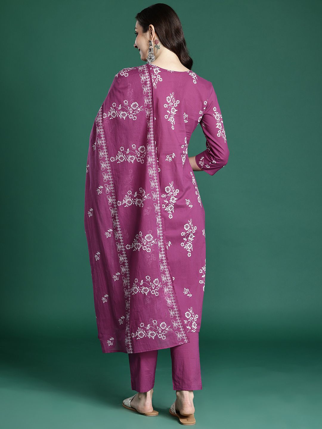Floral Printed Sequinned Pure Cotton Kurta with Trousers & With Dupatta