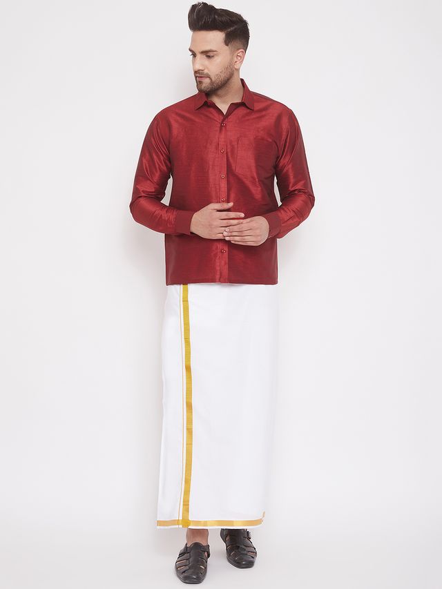 Men's Maroon Silk Blend Straight Shirt And Mundu