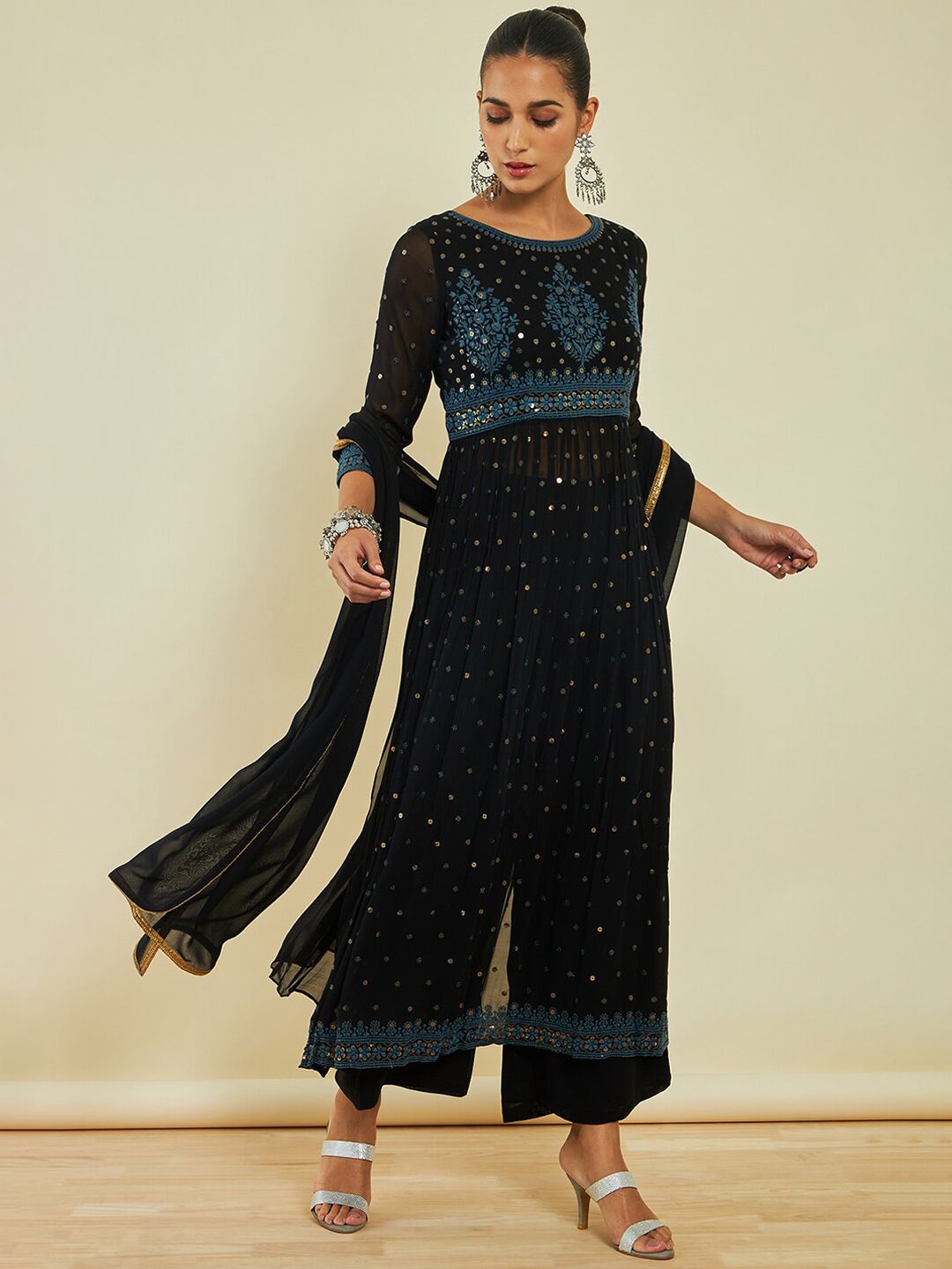 Dhiyona SO Women's Ethnic Motifs Embroidered Sequinned A-line Kurta with Trousers & With Dupatta