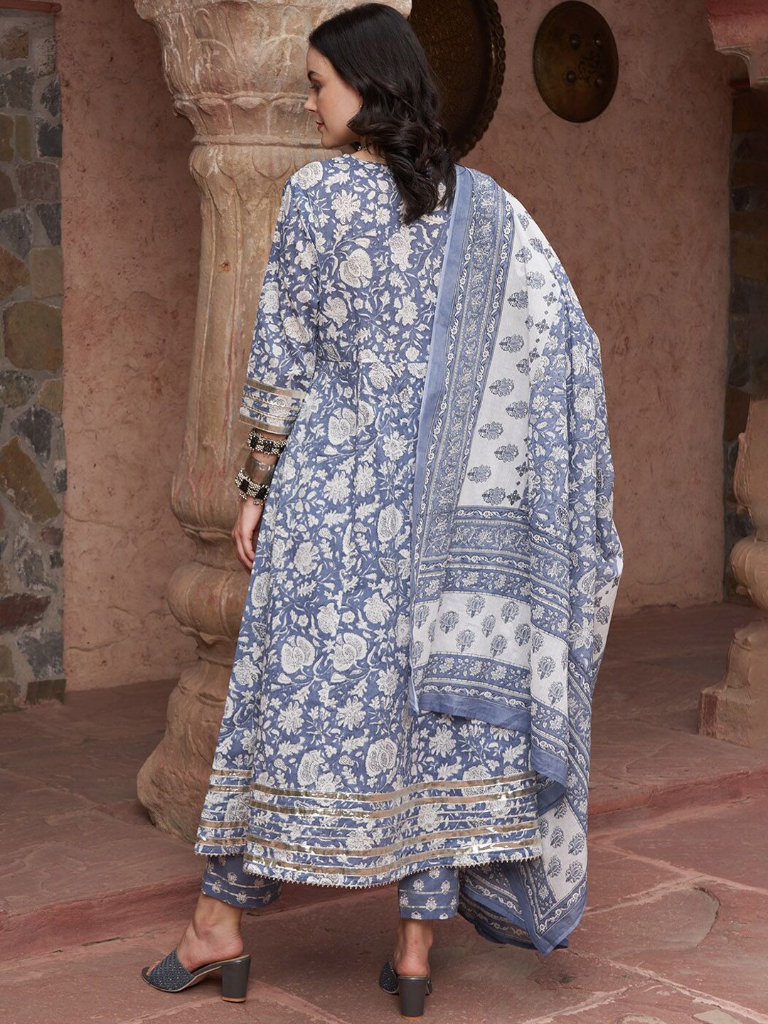 Dhiyona SN Women's Blue Printed Thread Work Pure Cotton Empire A-Line Kurta with Trousers & Dupatta