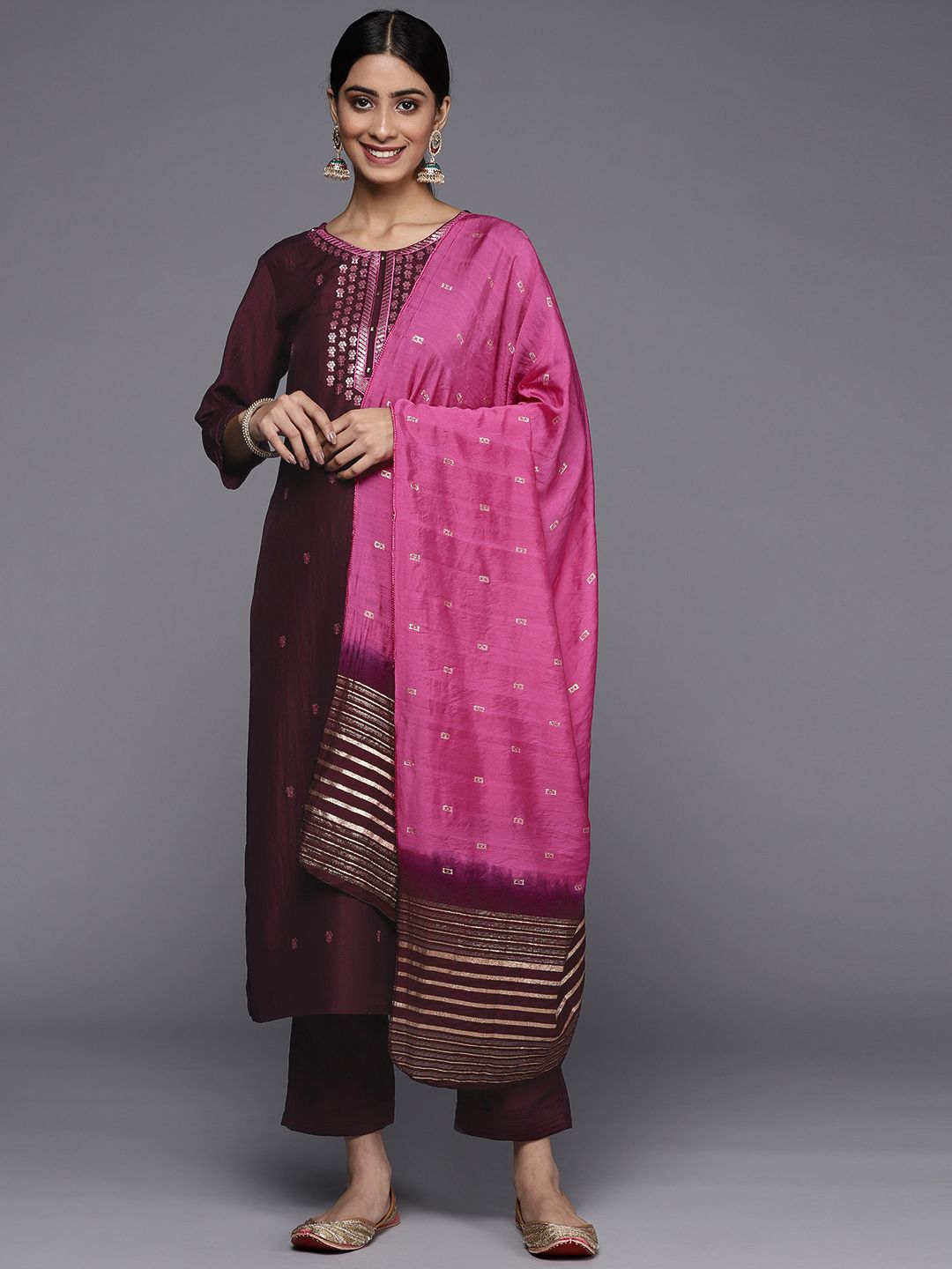 Dhiyona VA Women's Burgundy Floral Embroidered Sequinned Kurta with Trousers & Dupatta