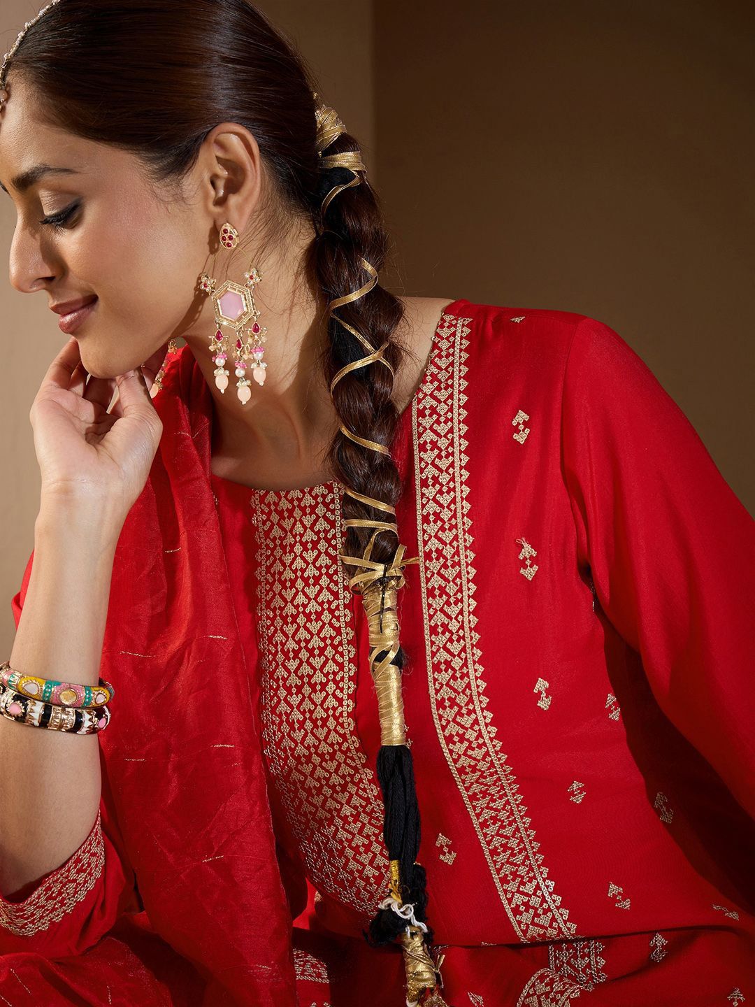 Dhiyona IE Women Ethnic Motifs Embroidered Regular Sequinned Kurta with Trousers & With Dupatta