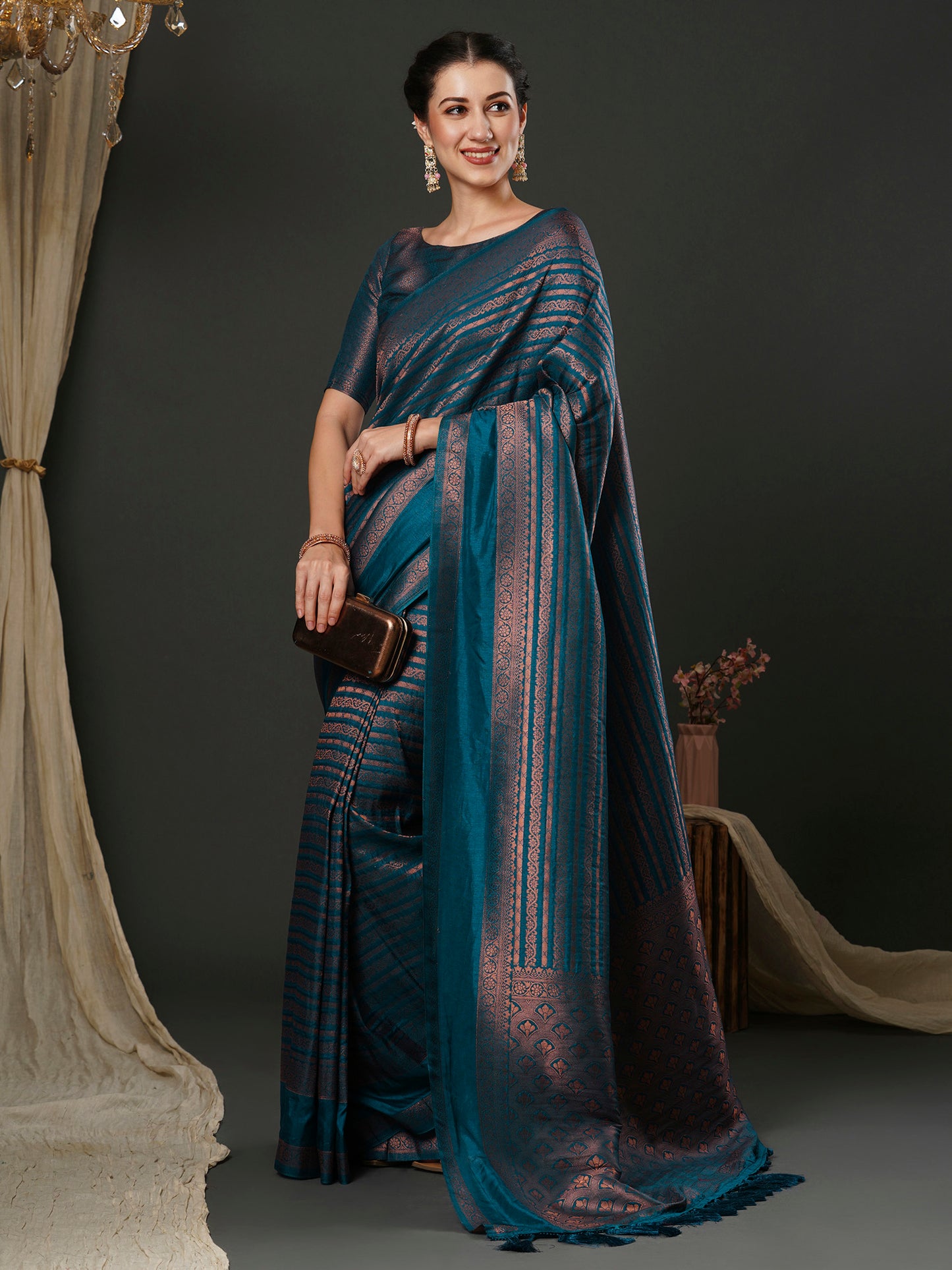 Women's Silk Blend Blue Woven Design Designer Saree With Blouse Piece