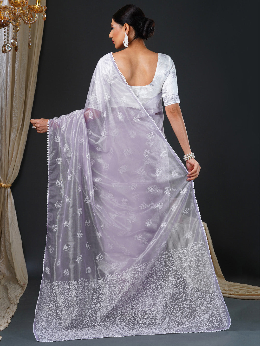 Women's Organza White Embroidered Designer Saree With Blouse Piece
