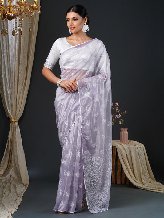 Women's Organza White Embroidered Designer Saree With Blouse Piece