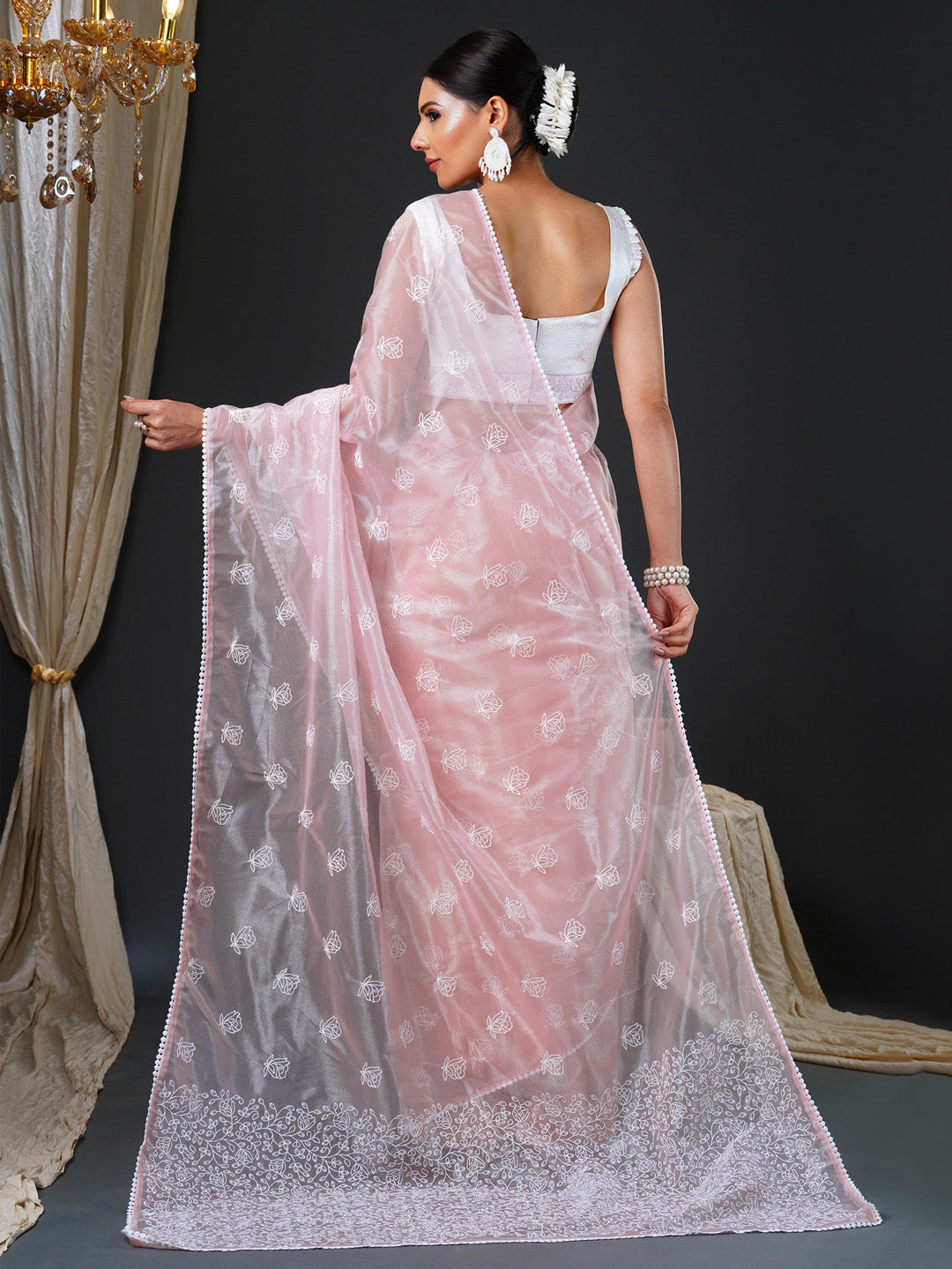 Women's Organza White Embroidered Designer Saree With Blouse Piece