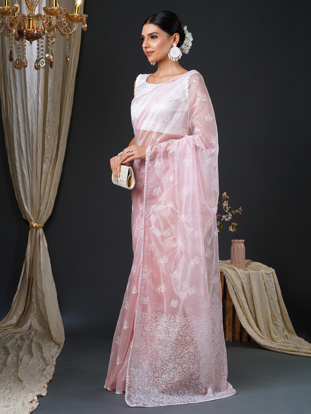 Women's Organza White Embroidered Designer Saree With Blouse Piece