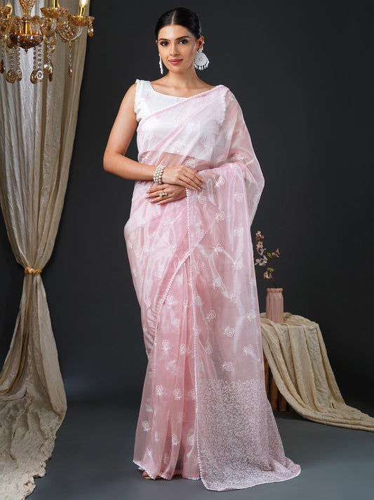 Women's Organza White Embroidered Designer Saree With Blouse Piece