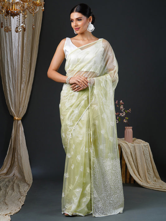 Women's Organza White Embroidered Designer Saree With Blouse Piece