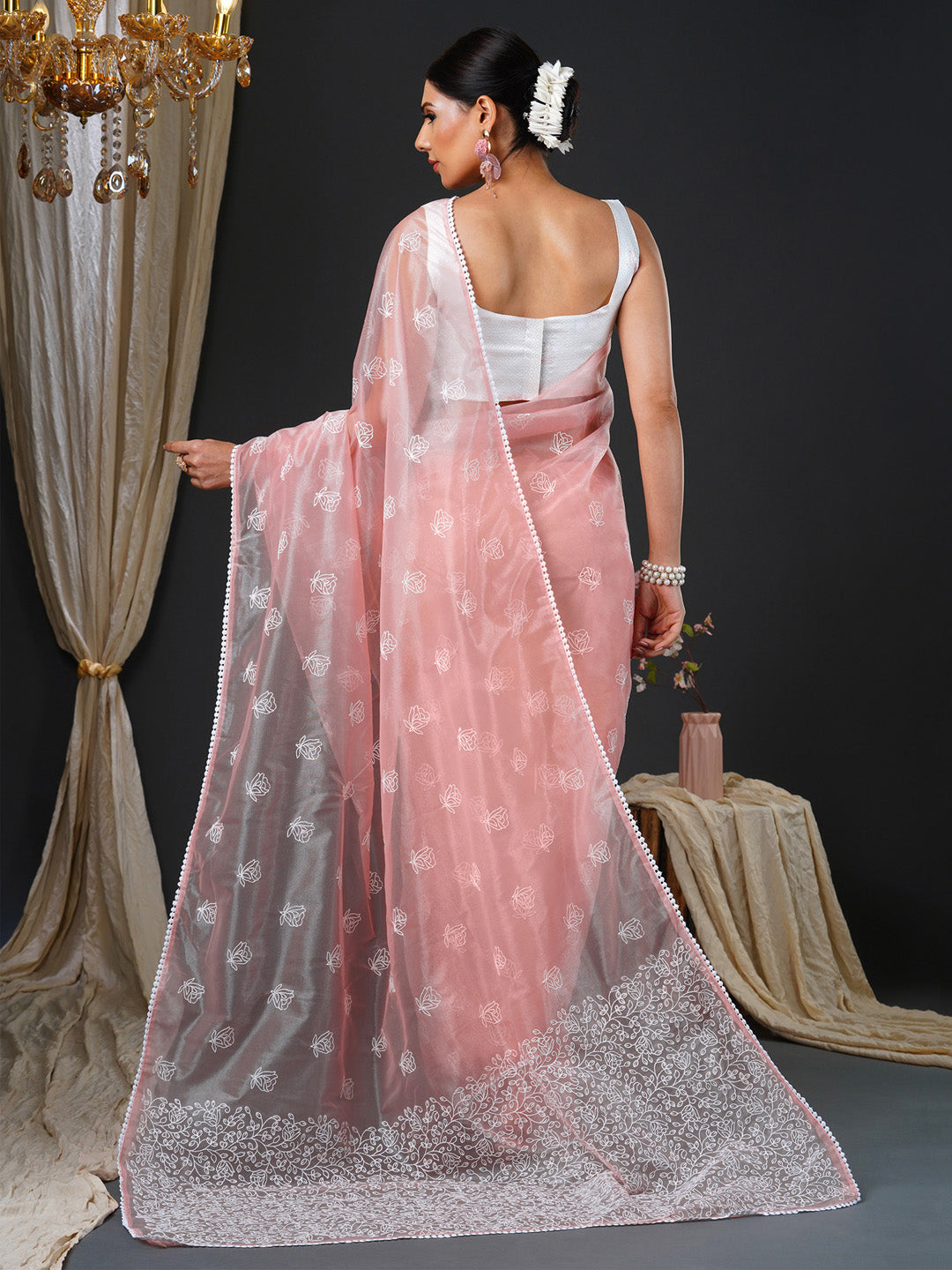 Women's Organza White Embroidered Designer Saree With Blouse Piece
