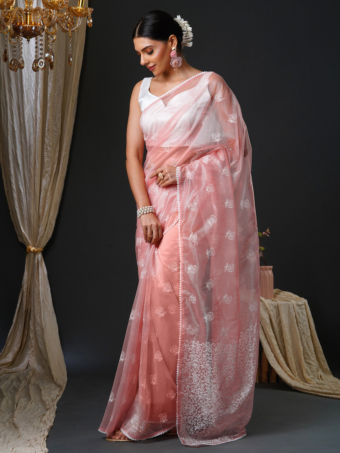 Women's Organza White Embroidered Designer Saree With Blouse Piece