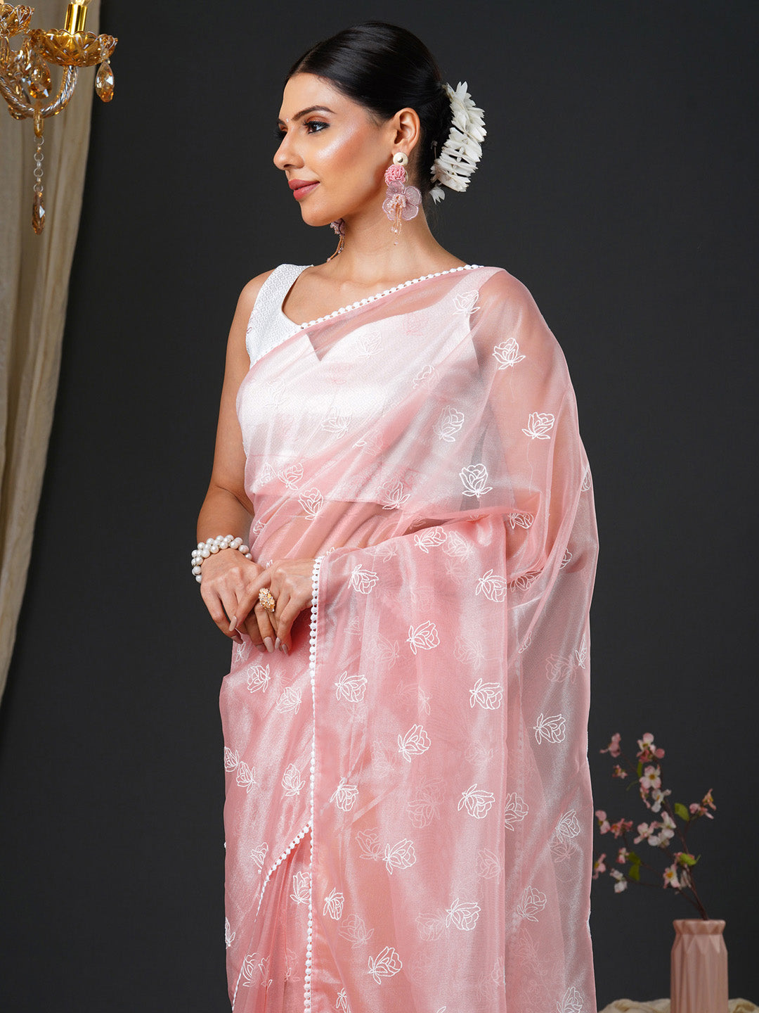 Women's Organza White Embroidered Designer Saree With Blouse Piece