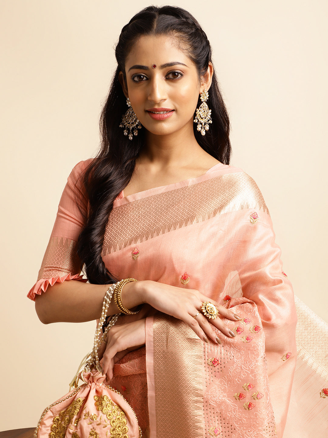 Dhiyona GR Women's Savi Peach Cotton Khadi Silk Saree