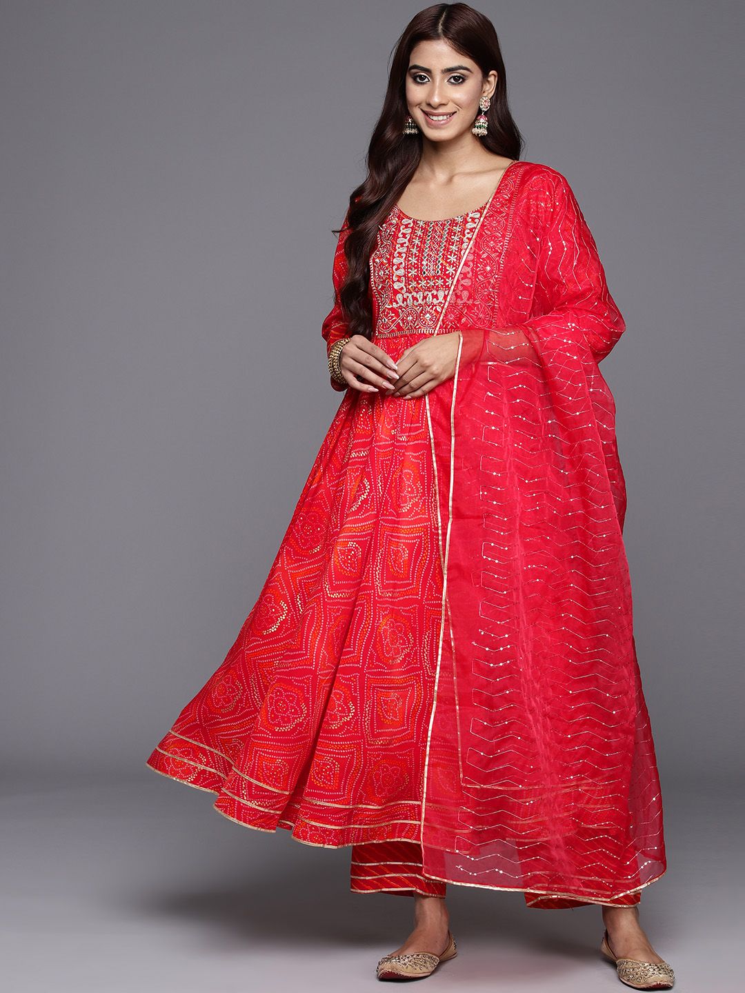 Dhiyona LB Women's Bandhani Printed Pleated Mirror Work Kurta with Trousers & Dupatta
