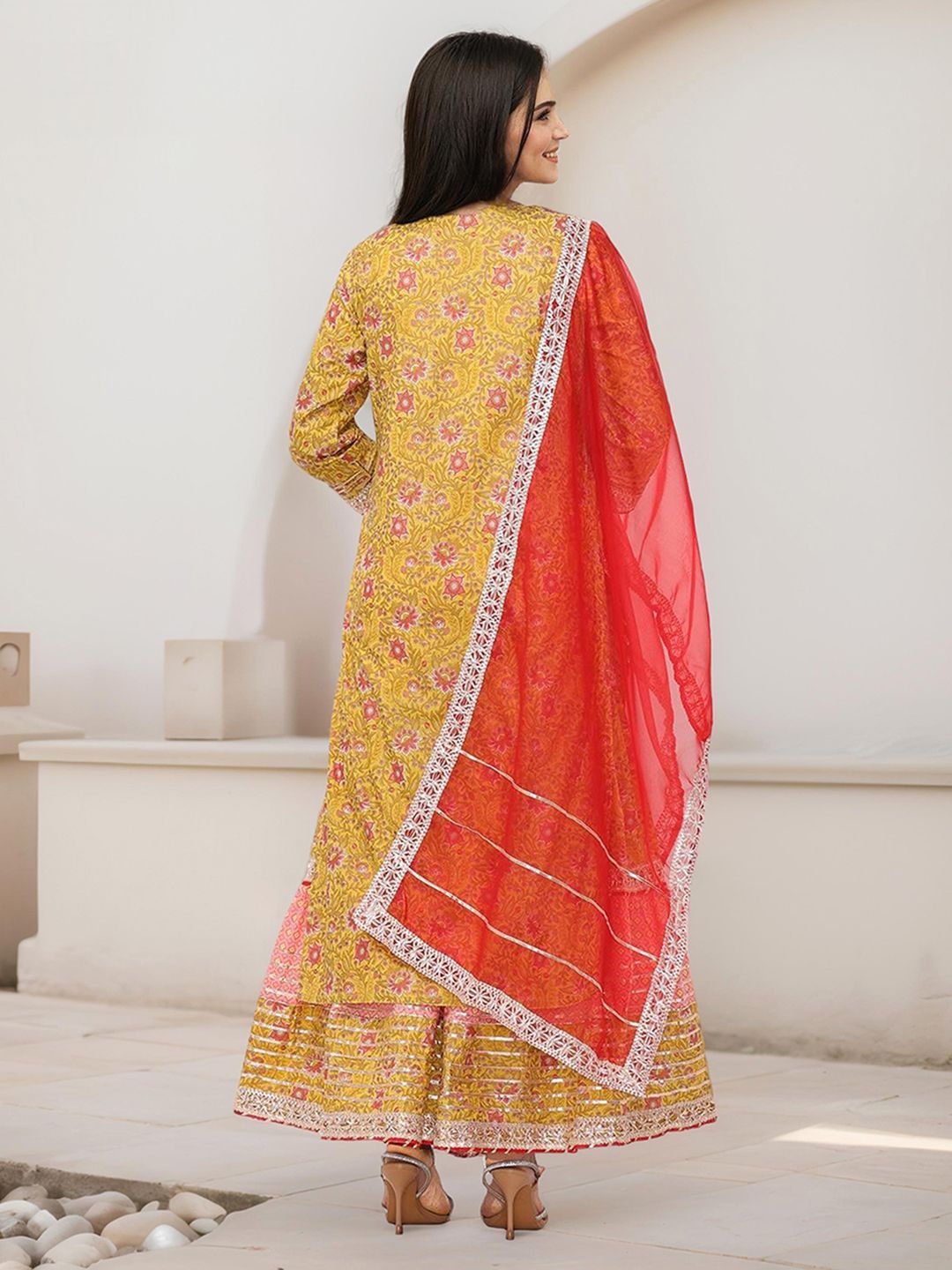 Dhiyona IS Women's Floral Printed Pure Cotton Anarkali Kurta With Sharara & Dupatta
