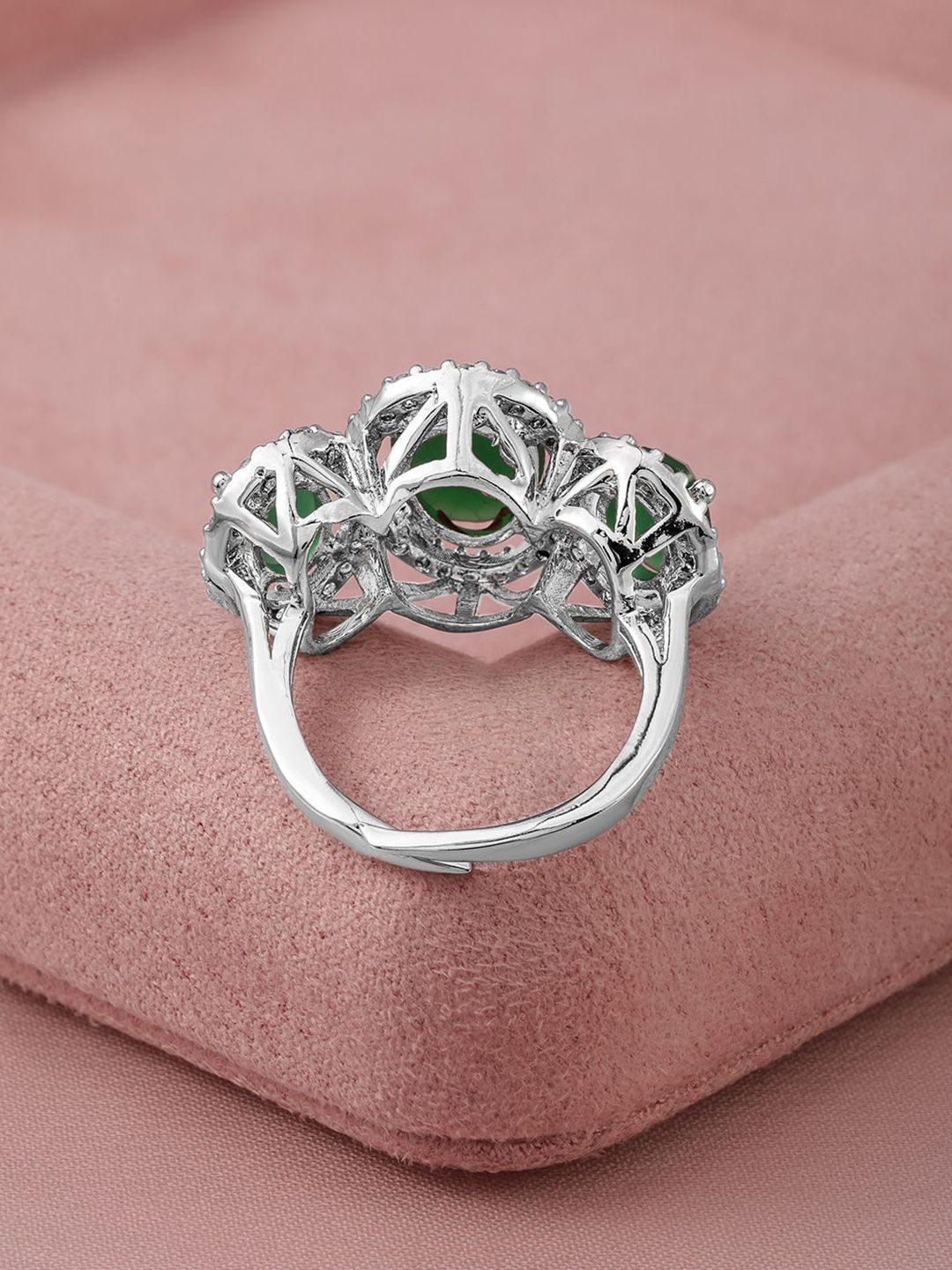 Dhiyona RJ Women's Rhodium-Plated Emerald Green & Cubic Zirconia Studded Adjustable Finger Ring
