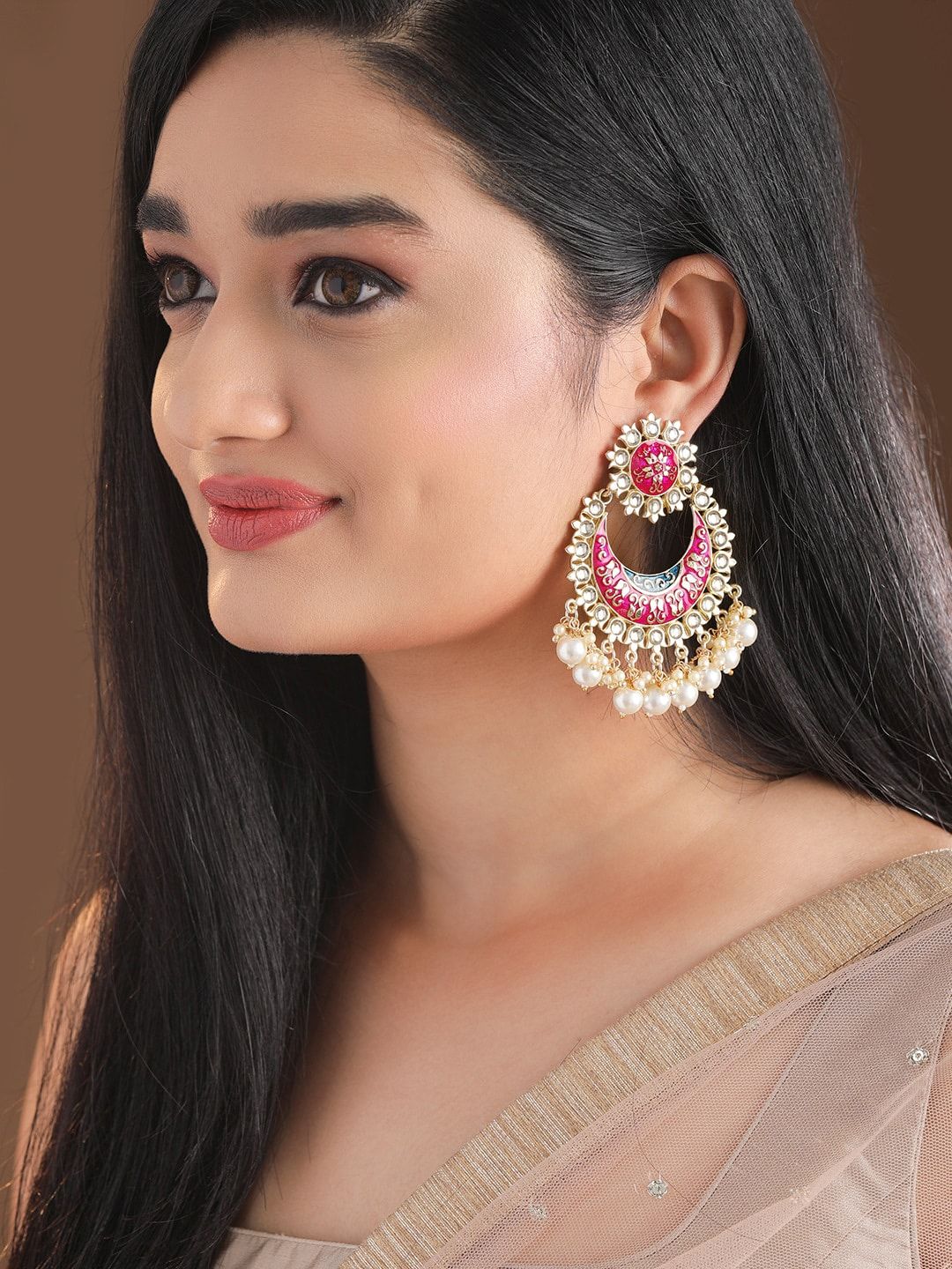 Dhiyona RJ Women's Pink Gold-Plated Stone-Studded & Beaded Crescent Shaped Meenakari Chandbalis