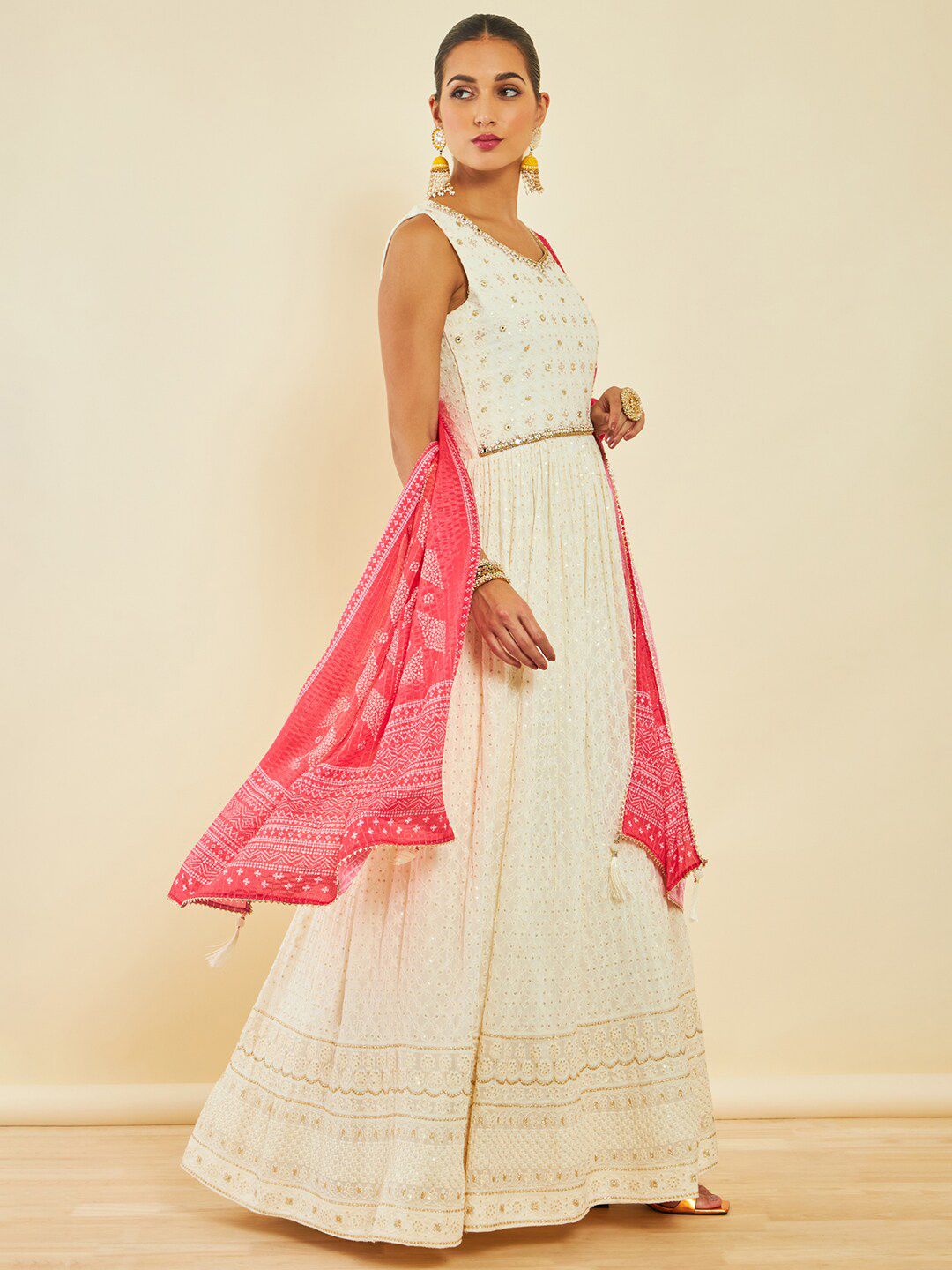 Dhiyona SO Women's Off White Floral Embroidered Sequinned Anarkali Kurta With Churidar & Dupatta