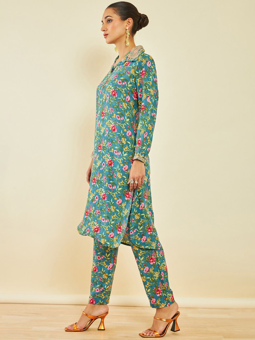 Dhiyona SO Women's Floral Kalamkari Printed Shirt Collar Kurta with Trousers