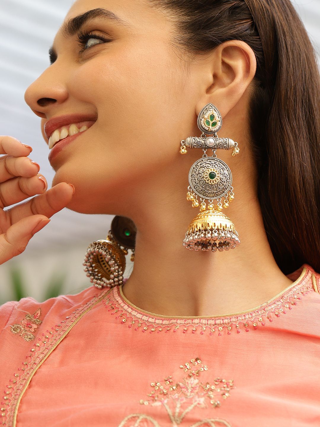 Dhiyona RJ Women's Silver & Gold Dual-Plated Oxidised Long Green Stone with Gold & Silver Beads Jhumka