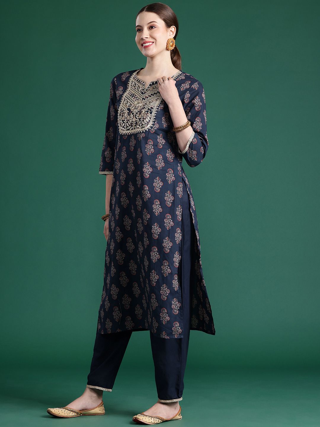 Dhiyona IE Ethnic Motifs Printed Sequinned Pure Cotton Kurta With Trousers & Dupatta