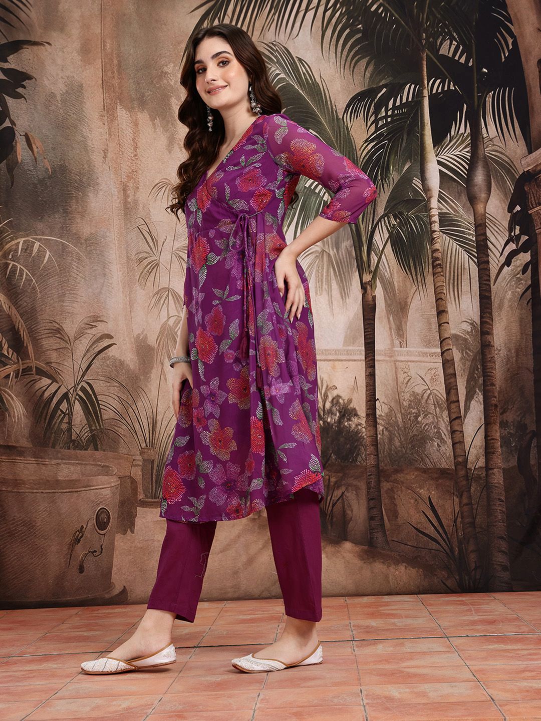 Dhiyona SN Women's Floral Print Angrakha Kurta with Trousers & Dupatta