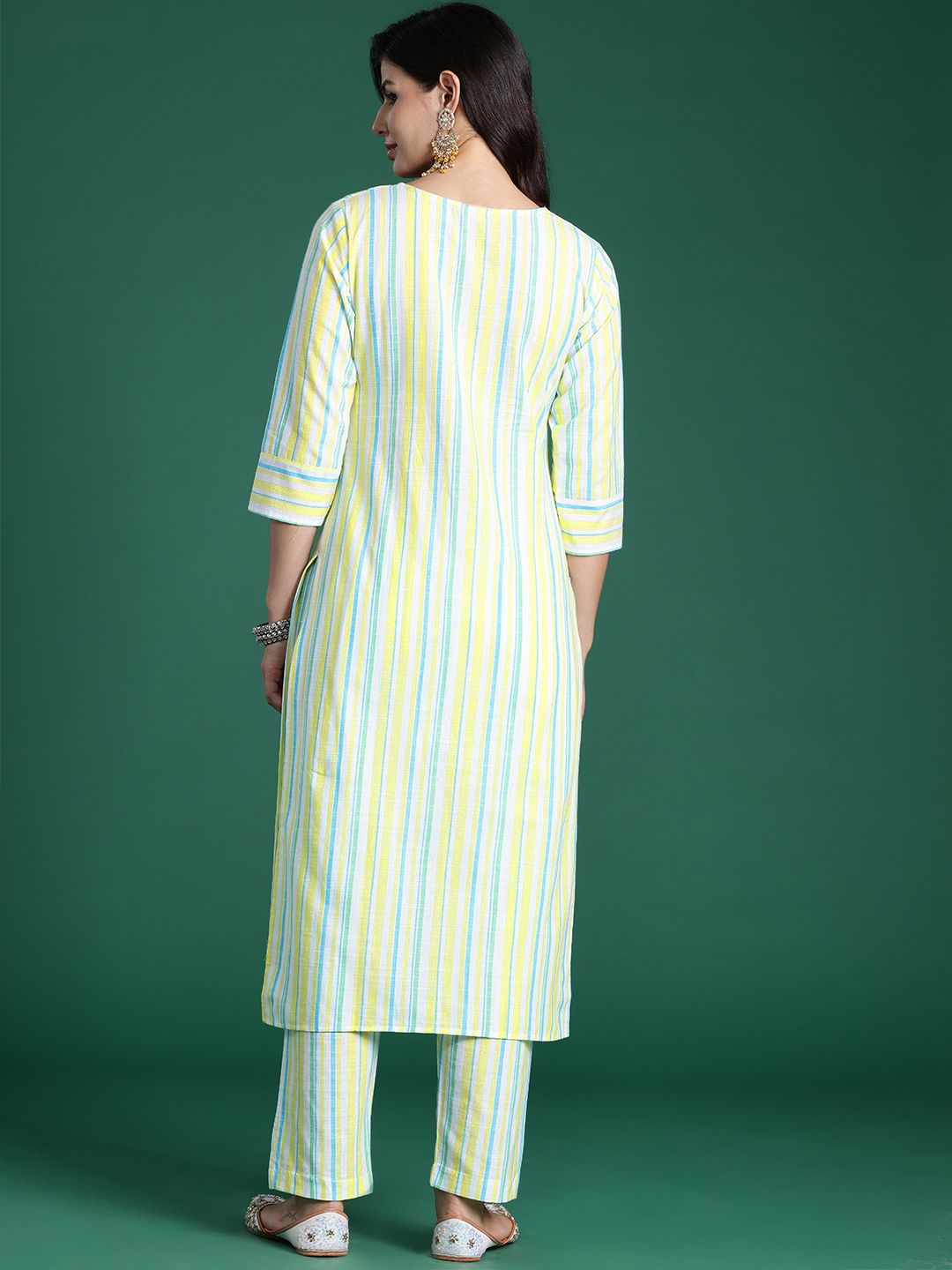 Dhiyona IE Women Striped Regular Thread Work Pure Cotton Kurta with Trousers