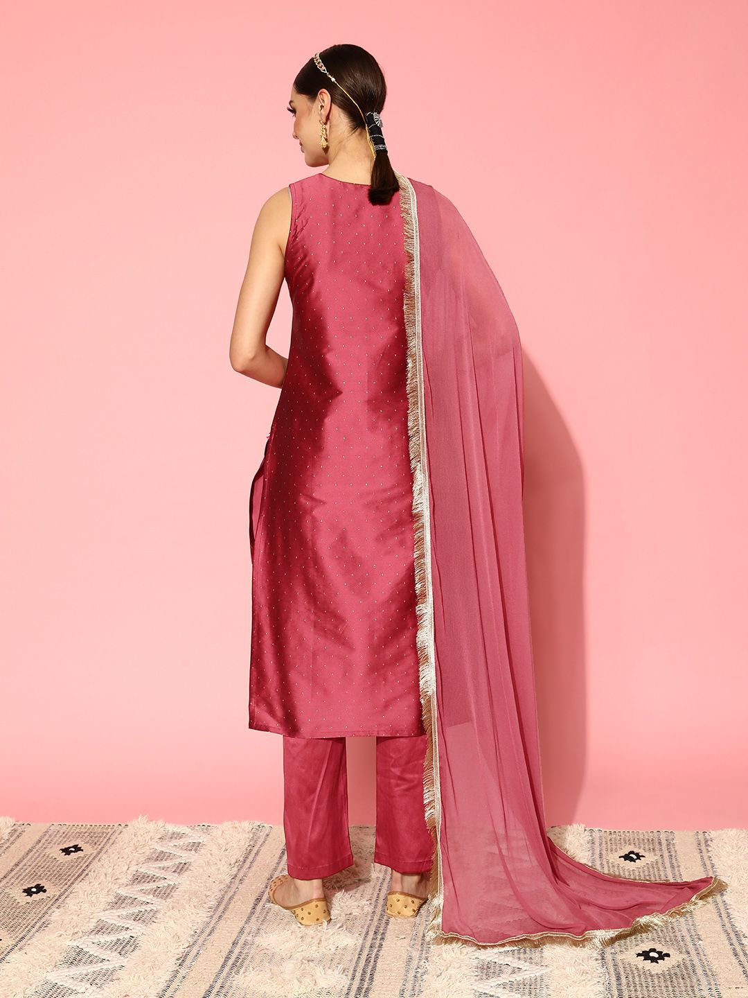 Dhiyona VA Women'sEthnic Motifs Yoke Design Regular Sequinned Kurta with Trousers & Dupatta