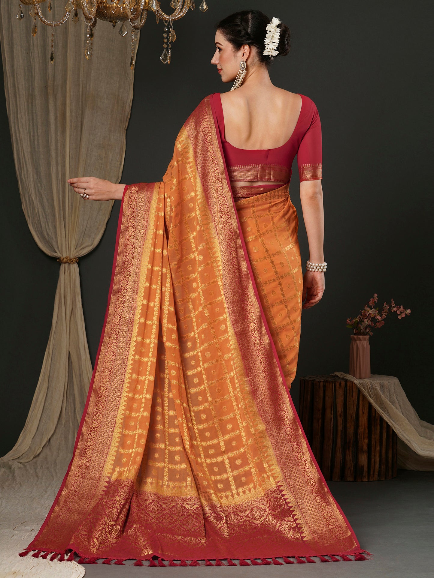 Women's Georgette Orange Woven Design Designer Saree With Blouse Piece