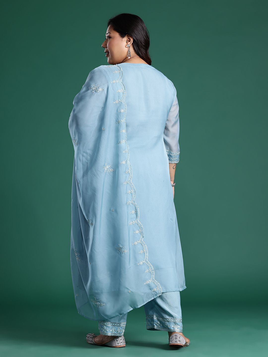 Embroidered Sequinned Kurta With Trousers & Dupatta