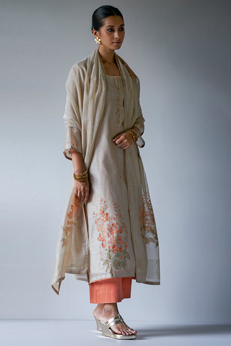 Women's Beige Woven Viscose Chanderi Kurta Suit Set With Delicate Hand Work Detailing and Embroidery Placket
