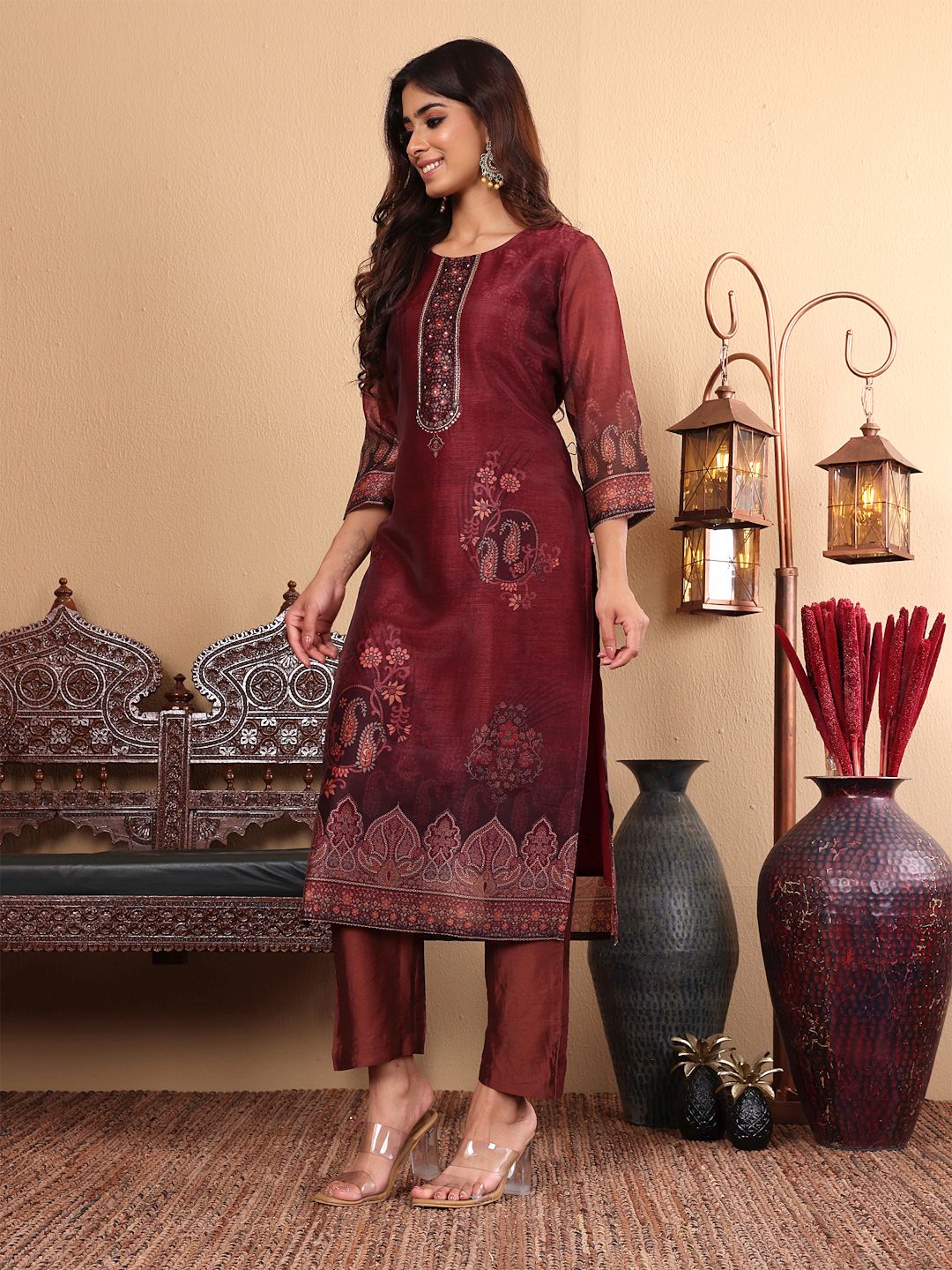 Dhiyona VA Women'sFloral Printed Sequinned Chanderi Silk Straight Kurta with Trousers & Dupatta