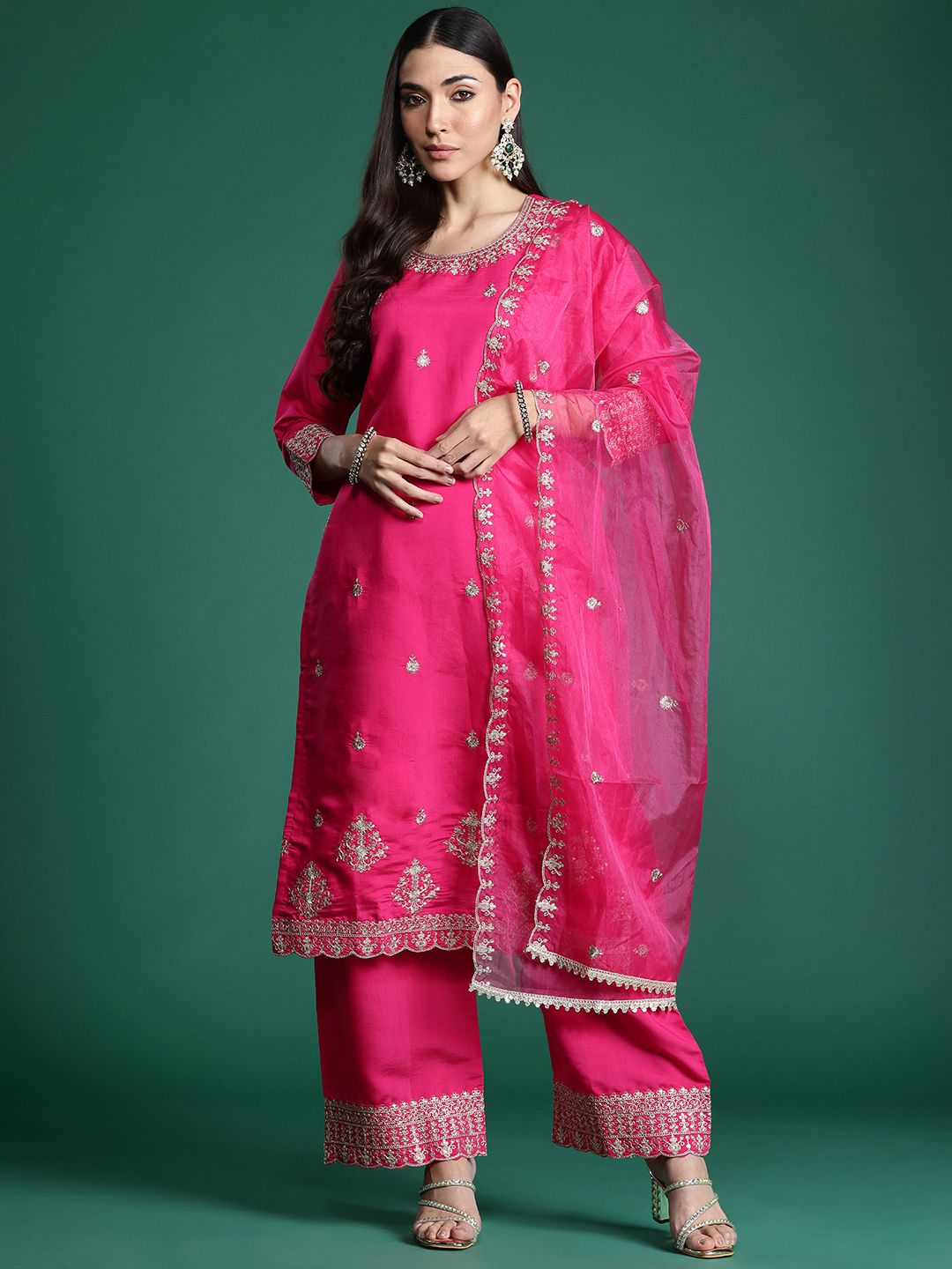 Dhiyona IE Floral Embroidered Kurta with Trousers & With Dupatta