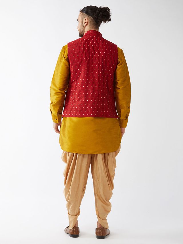 Men's Mustard Silk Blend Straight Jacket Kurta and Dhoti Set